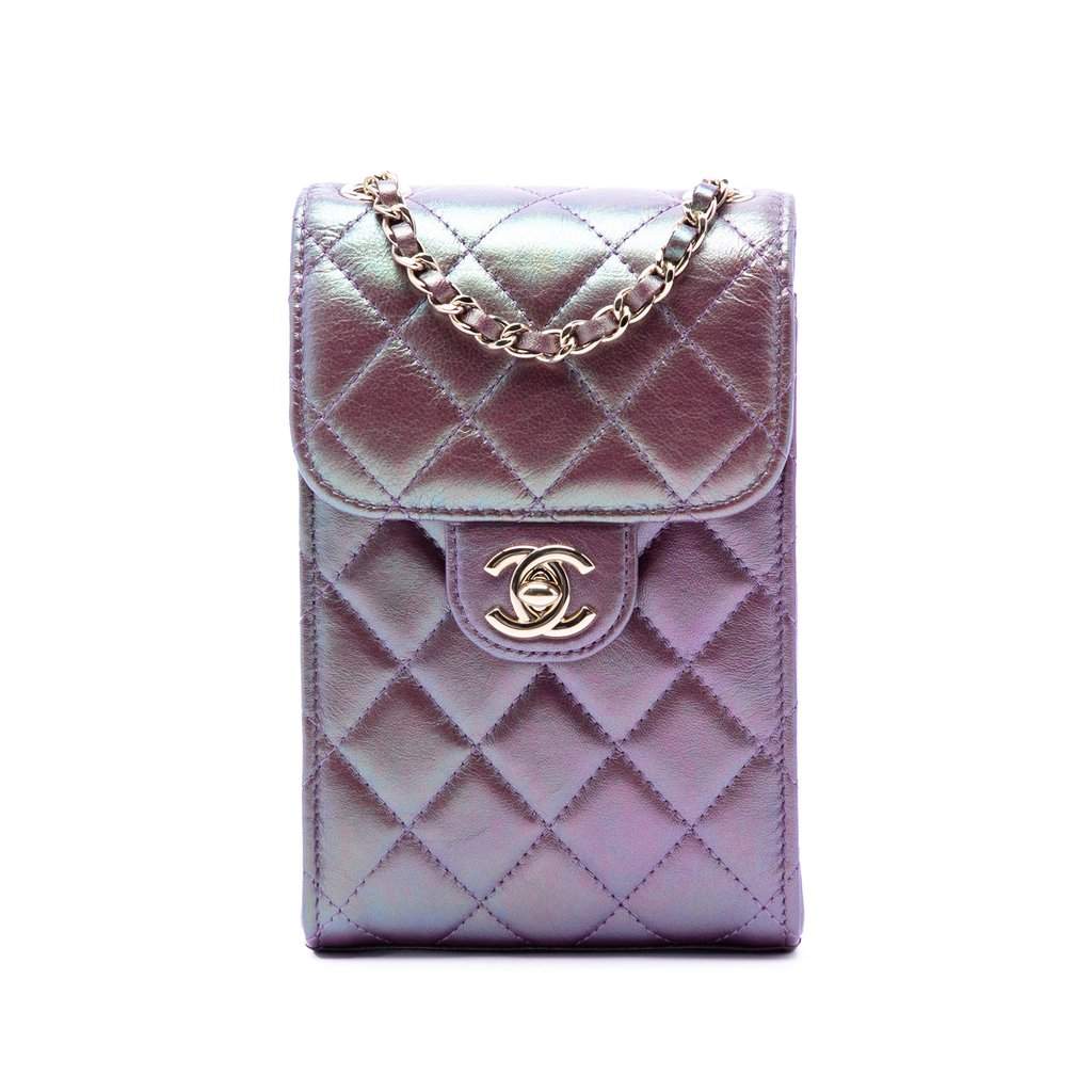Chanel CC Quilted Iridescent Lambskin Phone Holder with Chain Purple Leather Very good condition - Front View