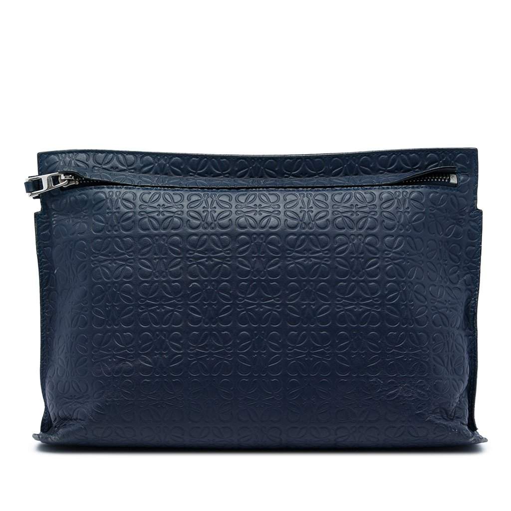LOEWE Embossed Anagram Leather Repeat T Clutch Blue Leather Very good - Front View