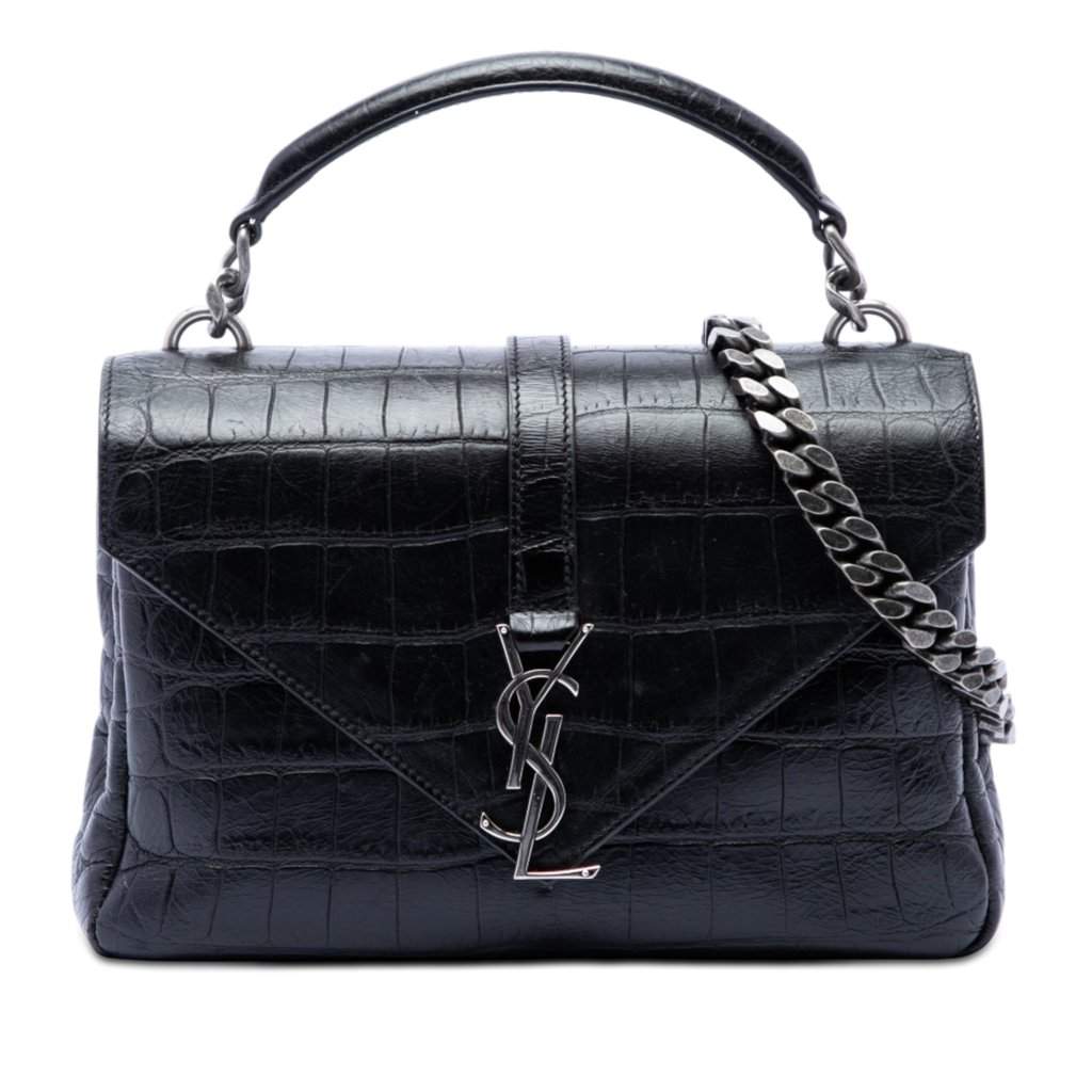 Saint Laurent Medium Croc Embossed Leather Monogram College Satchel Black Leather Very good - Front View
