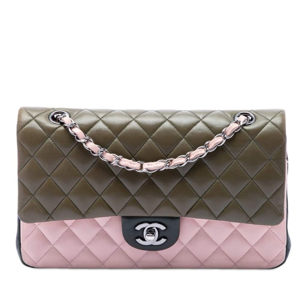 Chanel Medium Classic Tricolor Lambskin Double Flap Green Leather Very good condition - Front View