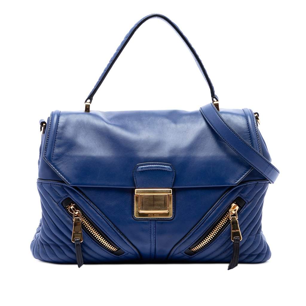 Miu Miu Quilted Nappa Biker Top Handle Bag Blue Leather Very good condition - Front View