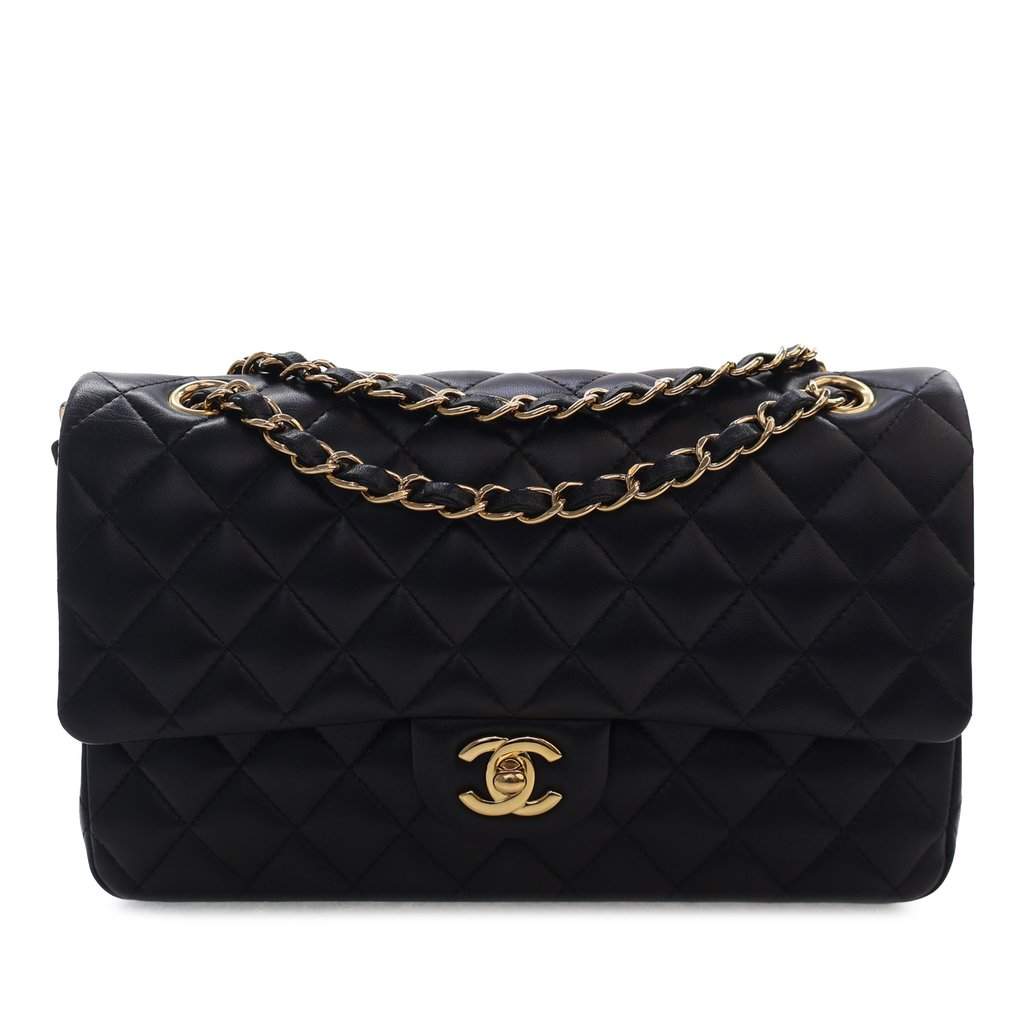 Chanel Medium Classic Lambskin Double Flap Black Leather Very good condition - Front View