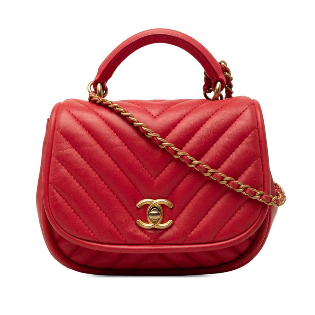 Chanel Mini CC Chevron Lambskin Reversed Round Flap Red Leather Very good - Front View
