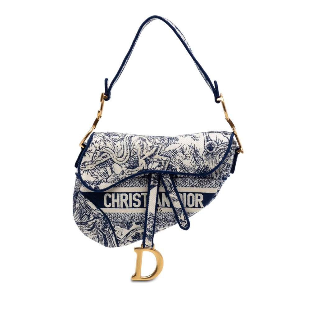Dior Embroidered Canvas Toile de Jouy Saddle Bag Blue Very good condition - Front View