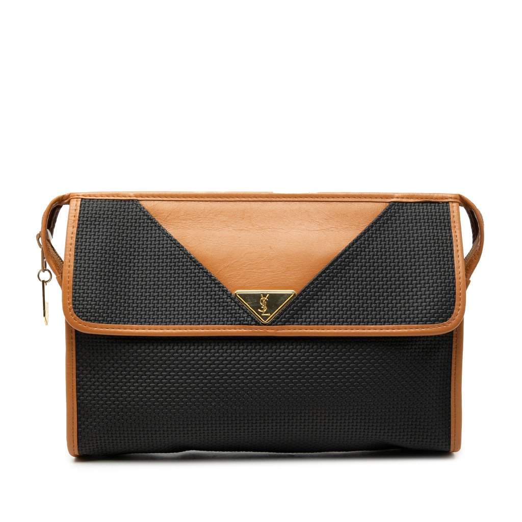 Saint Laurent Leather Trimmed Coated Canvas Clutch Black Very good condition - Front View