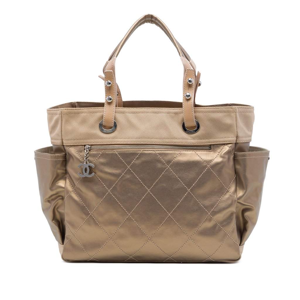 Chanel Large Quilted Coated Canvas Paris Biarritz Tote Gold Very good - Front View