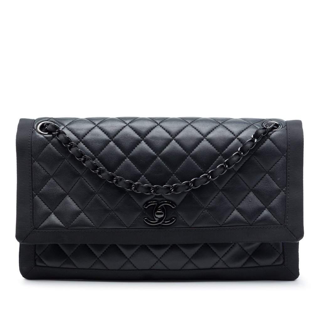 Chanel CC Quilted Lambskin and Grosgrain So Black Flap Black Leather Very good - Front View