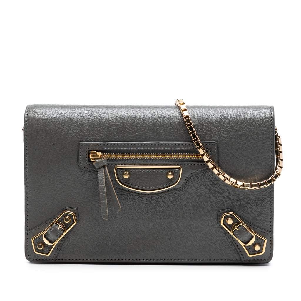 Balenciaga Chevre Motocross Metallic Edge Wallet on Chain Brown Leather Very good - Front View