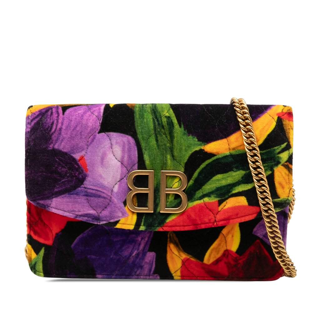 Balenciaga Velvet BB Floral Print Wallet On Chain Black Very good - Front View