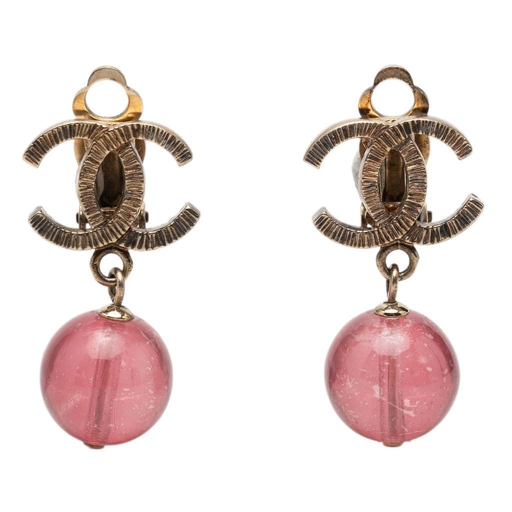 Chanel CC Brass Resin Drop Clip On Earrings Gold Metal Very good - Front View