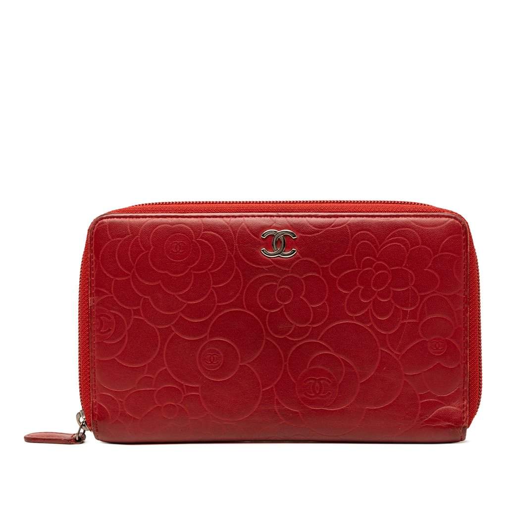 Chanel Embossed Lambskin Camellia Zip Around Long Wallet Red Leather Very good condition - Front View