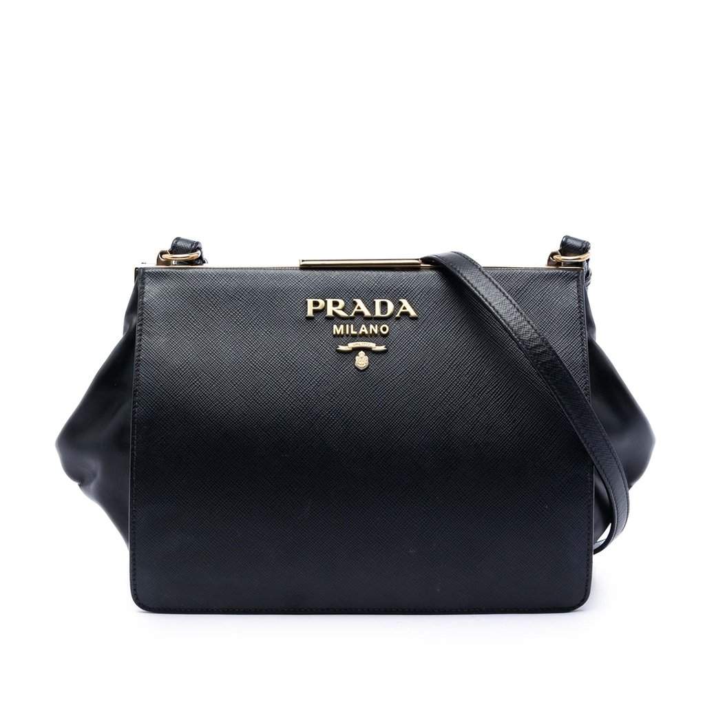 Prada Saffiano and City Calf Light Frame Crossbody Black Leather Very good - Front View