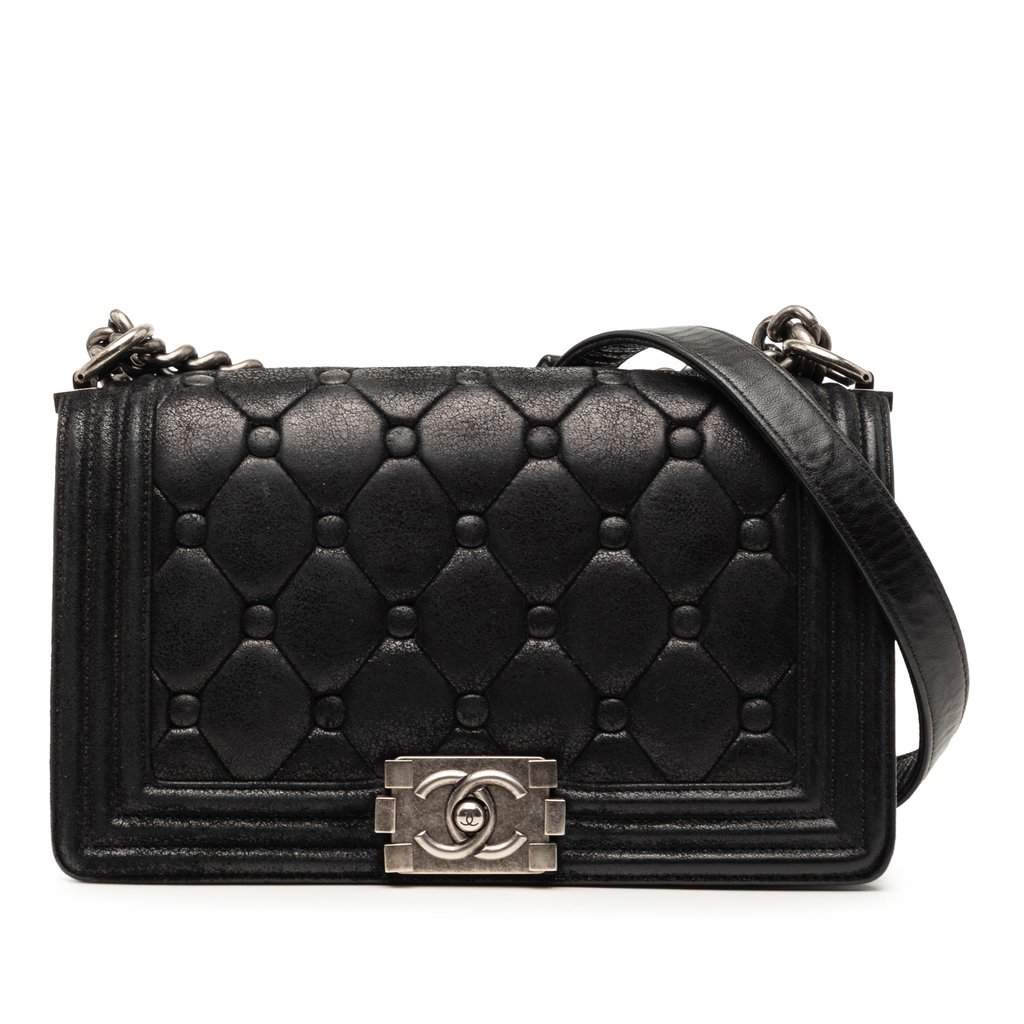 Chanel Old Medium Quilted Suede Chesterfield Boy Flap Black Leather Very good condition - Front View