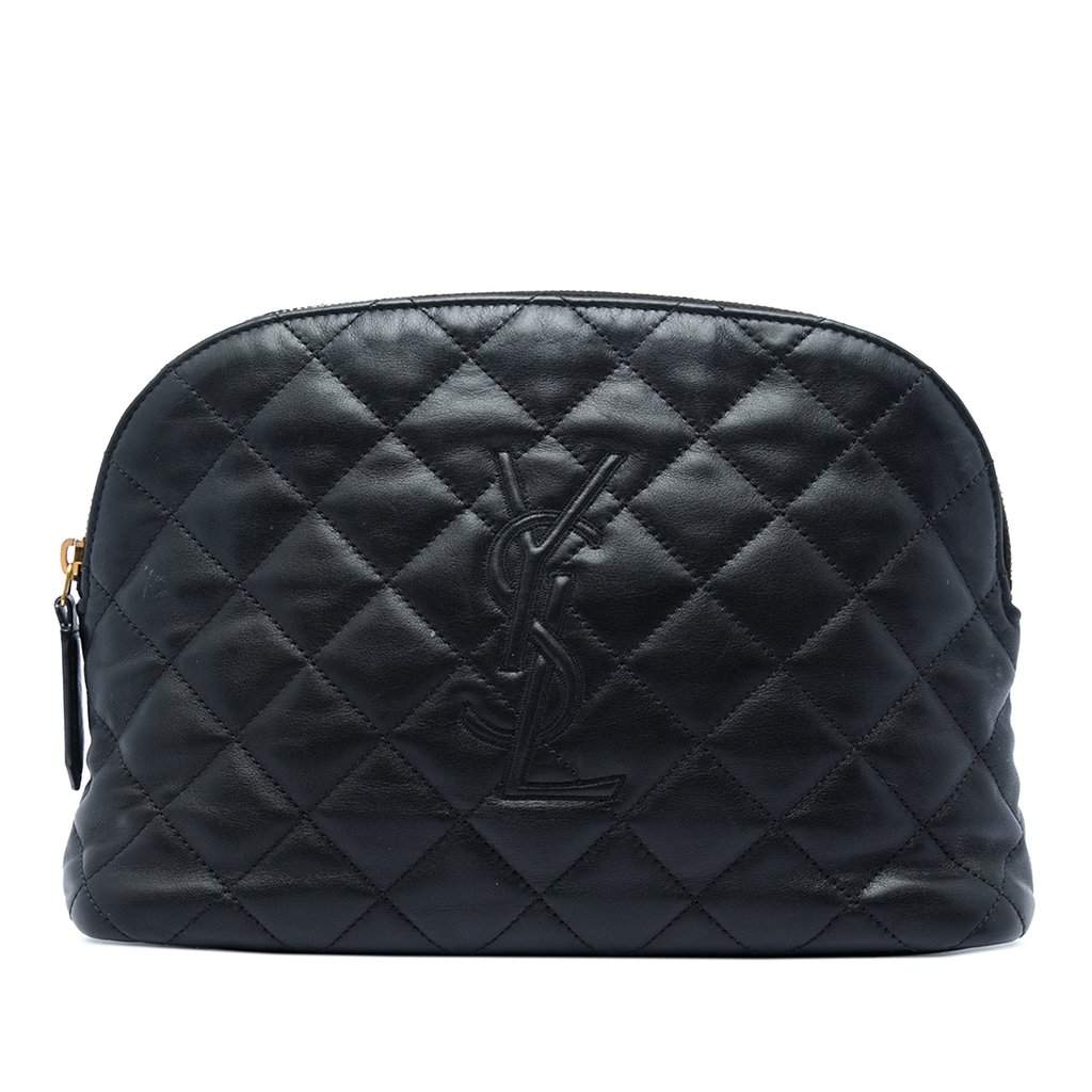 Saint Laurent Quilted Lambskin Cassandre Cosmetic Pouch Black Leather Very good - Front View