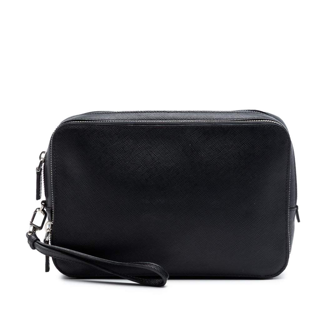 Prada Saffiano Double Zip Travel Pouch Black Leather Very good condition - Front View