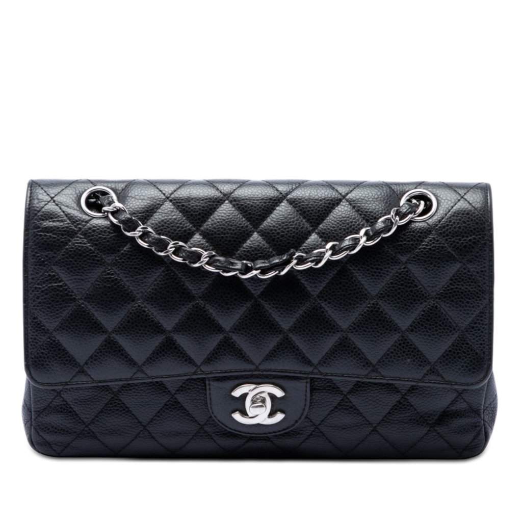 Chanel Medium Classic Caviar Double Flap Black Leather Good - Front View