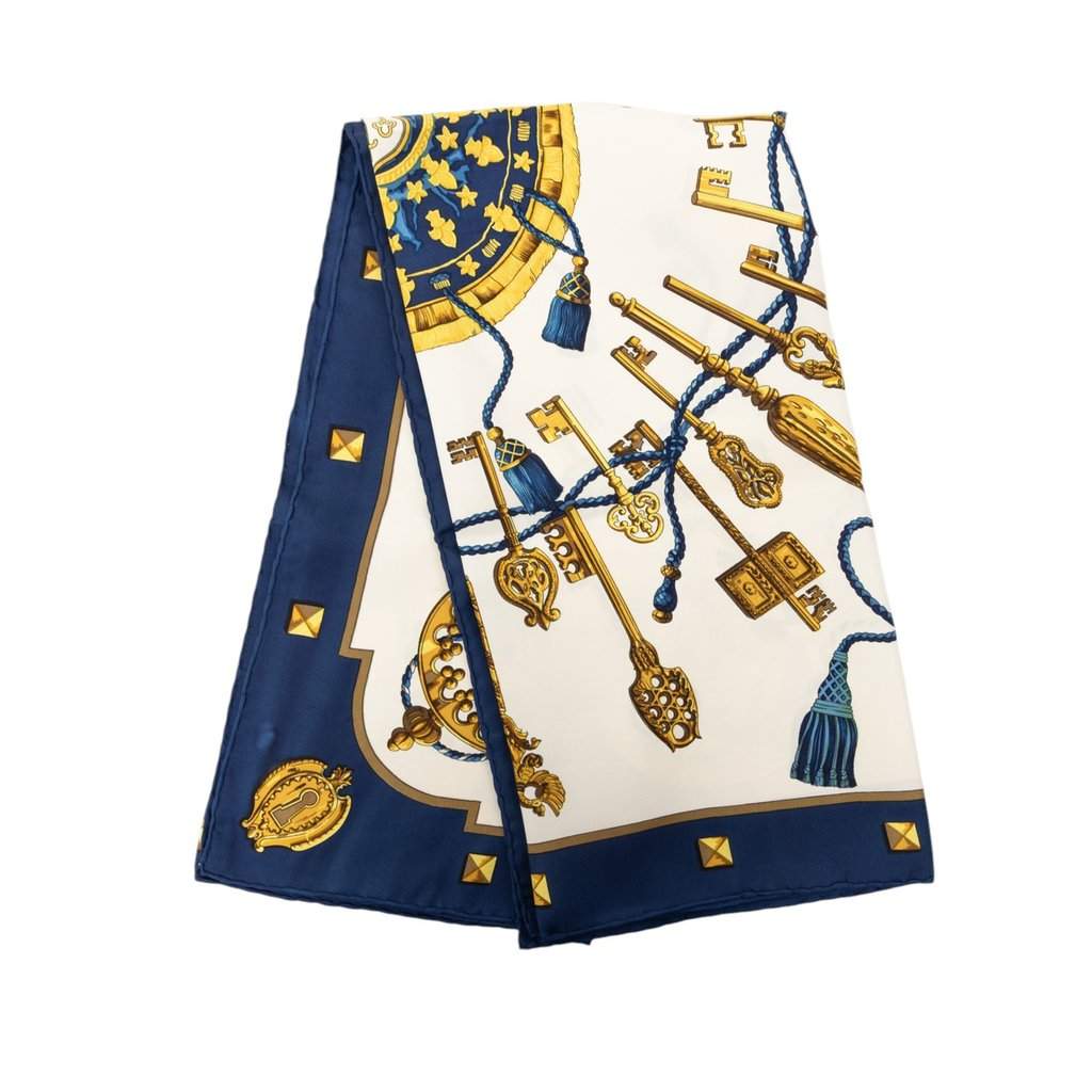 Hermès Les Cles Silk Scarf 90 White Very good - Front View