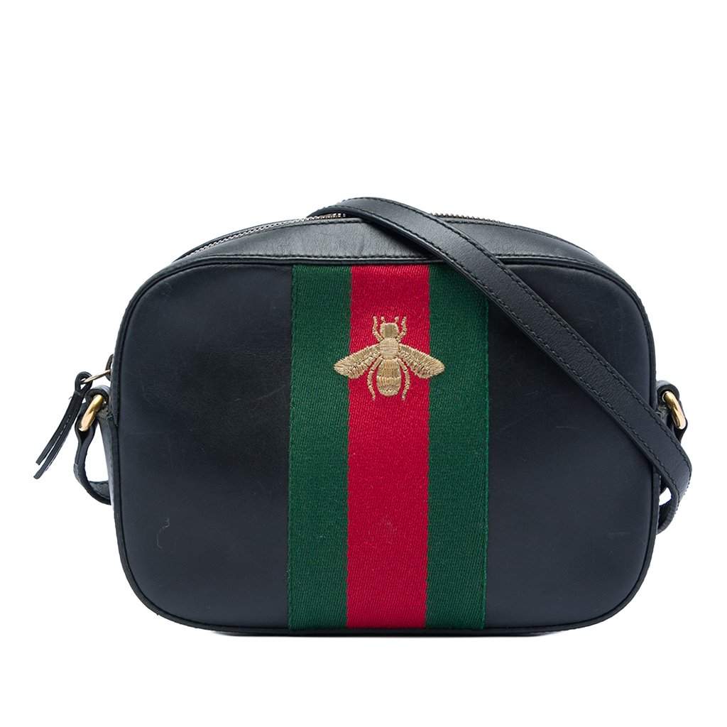 Gucci Calfskin Web Webby Bee Camera Bag Black Leather Very good - Front View