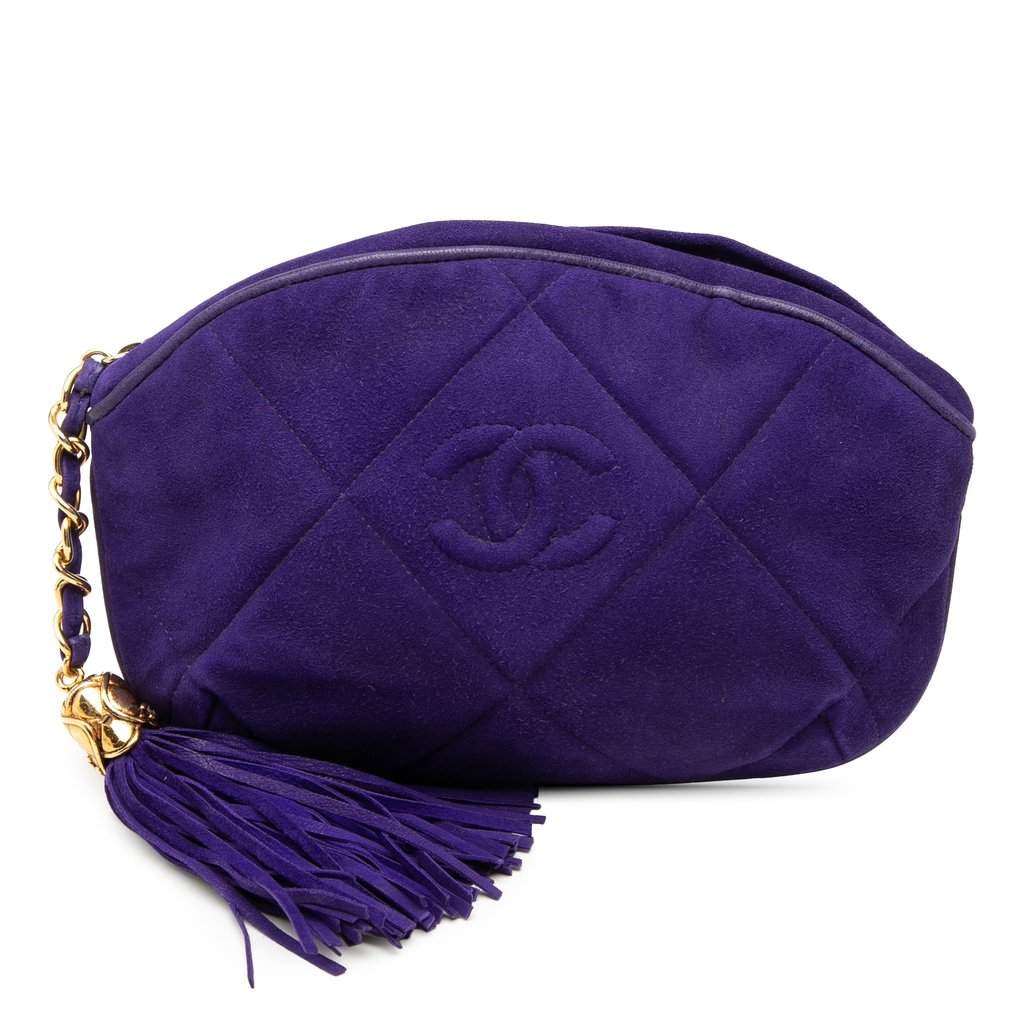Chanel CC Suede Tassel Clutch Blue Leather Good - Front View