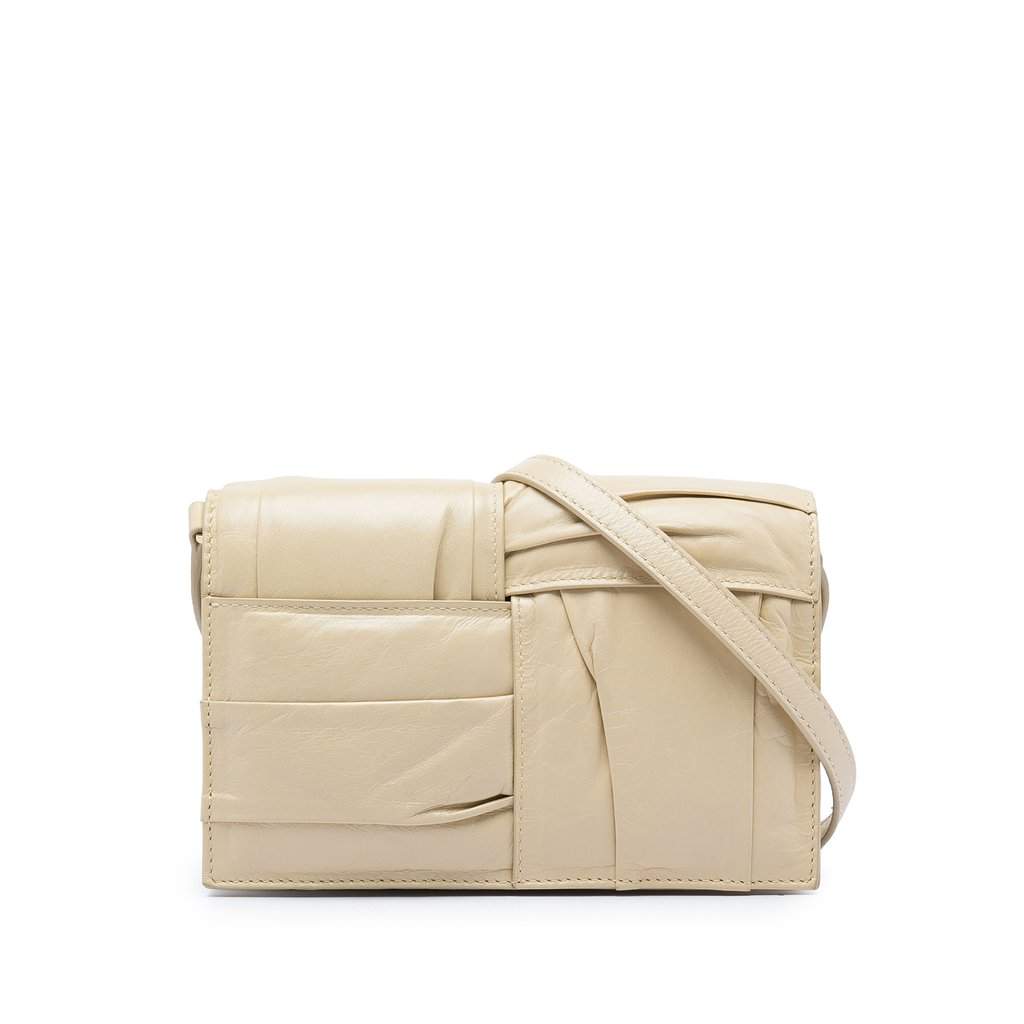 Bottega Veneta Mini Calfskin Intrecciato Pleated Cassette Crossbody Beige Leather Very good - Front View