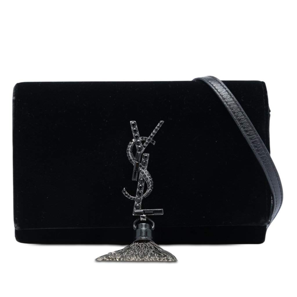 Saint Laurent Velvet Crystal Monogram Kate Tassel Wallet on Chain Black Very good - Front View