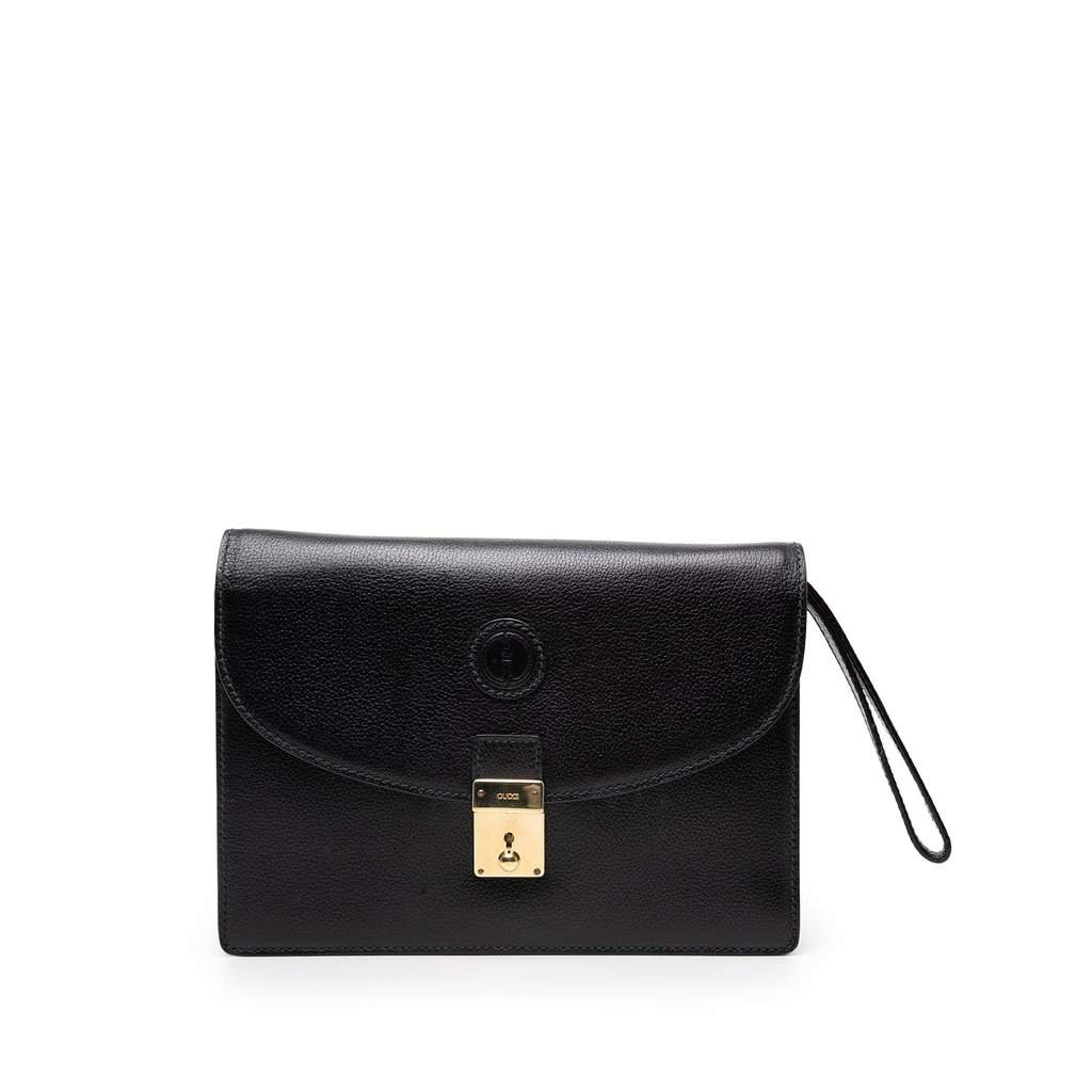 Gucci Calfskin Interlocking G Padlock Wristlet Clutch Black Leather Very good - Front View
