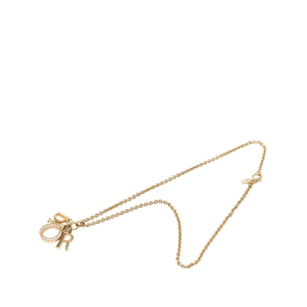 Dior Gold Plated Strass Logo Pendant Necklace Gold Metal Very good condition - Front View