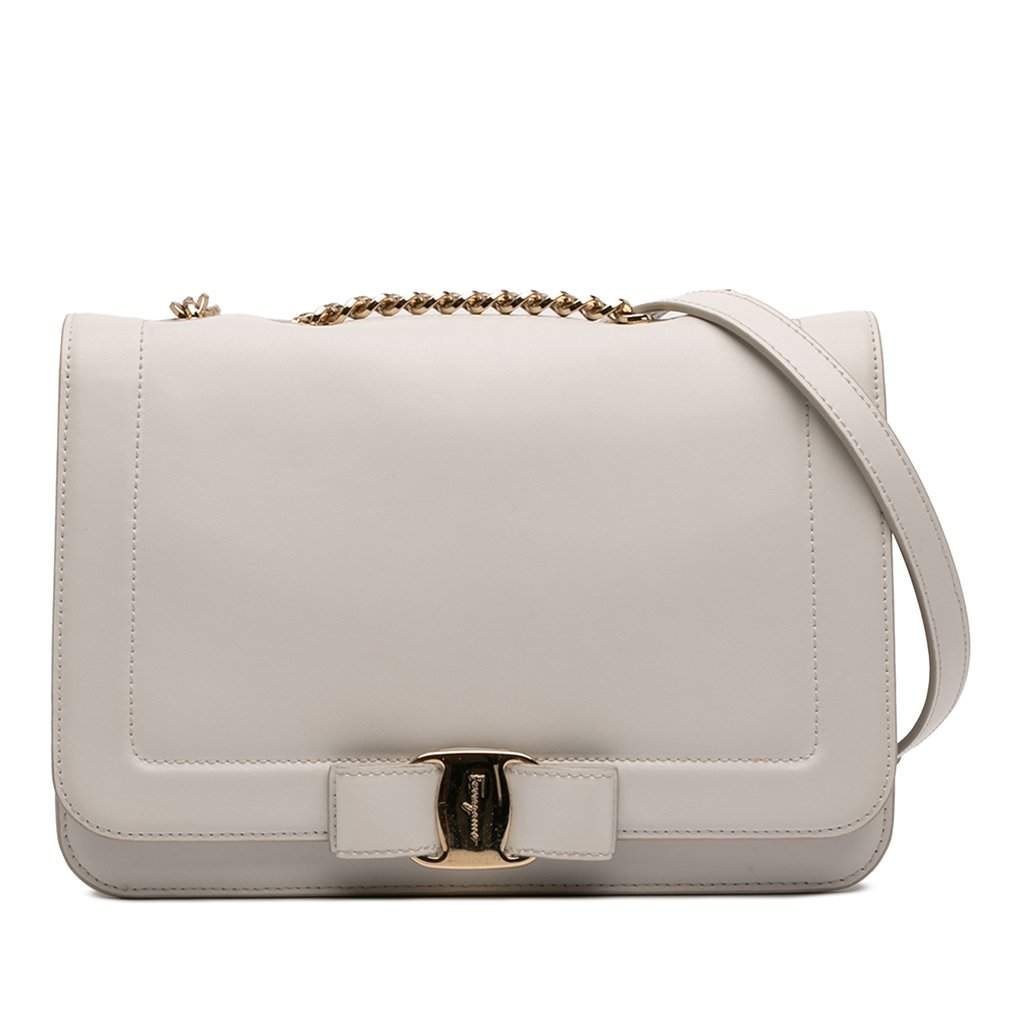 Salvatore Ferragamo Leather Vara Bow Chain Crossbody White Leather Very good condition - Front View