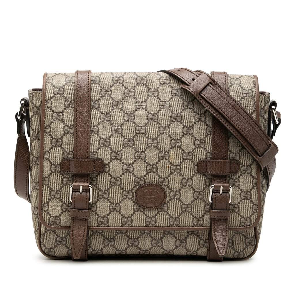 Gucci GG Supreme Textured Dollar Calfskin Retro Interlocking G Flap Messenger Bag Beige Very good condition - Front View