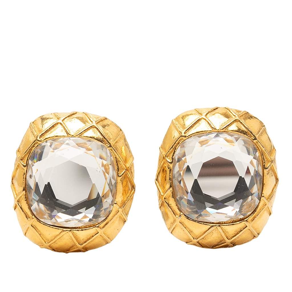 Chanel Gold Plated Quilted Large Crystal Clip On Earrings Gold Metal Very good condition - Front View