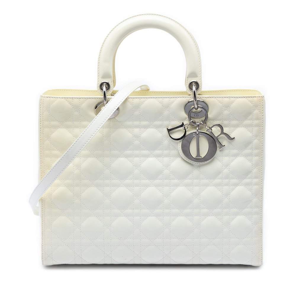 Dior Large Lambskin Cannage Lady Dior White Leather Very good condition - Front View