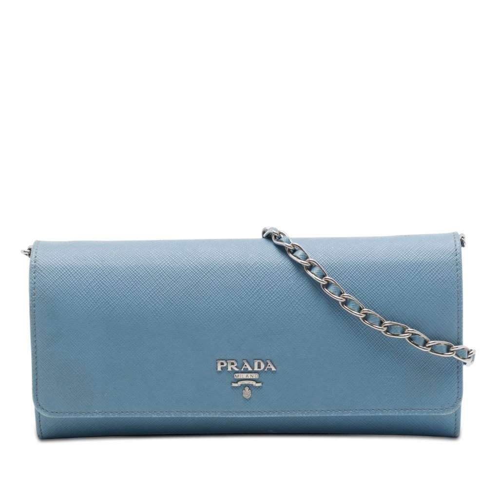 Prada Saffiano Wallet On Chain Blue Leather Very good - Front View