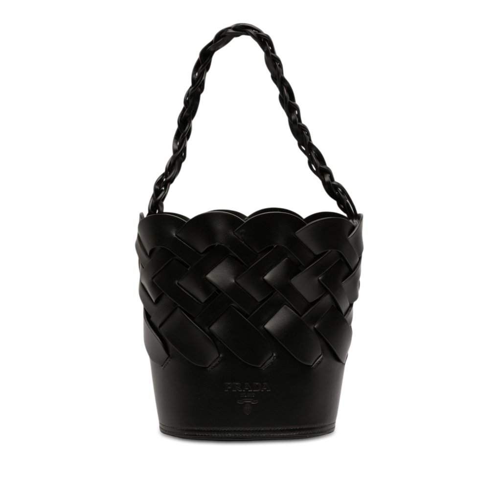 Prada Vitello Intreccio Tress Bucket Bag Black Leather Very good condition - Front View