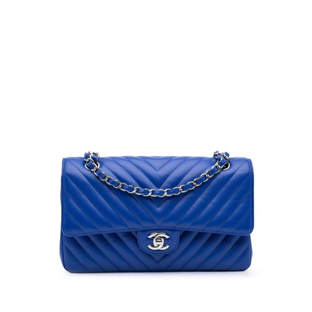 Chanel Medium Classic Chevron Caviar Double Flap Blue Leather Very good condition - Front View
