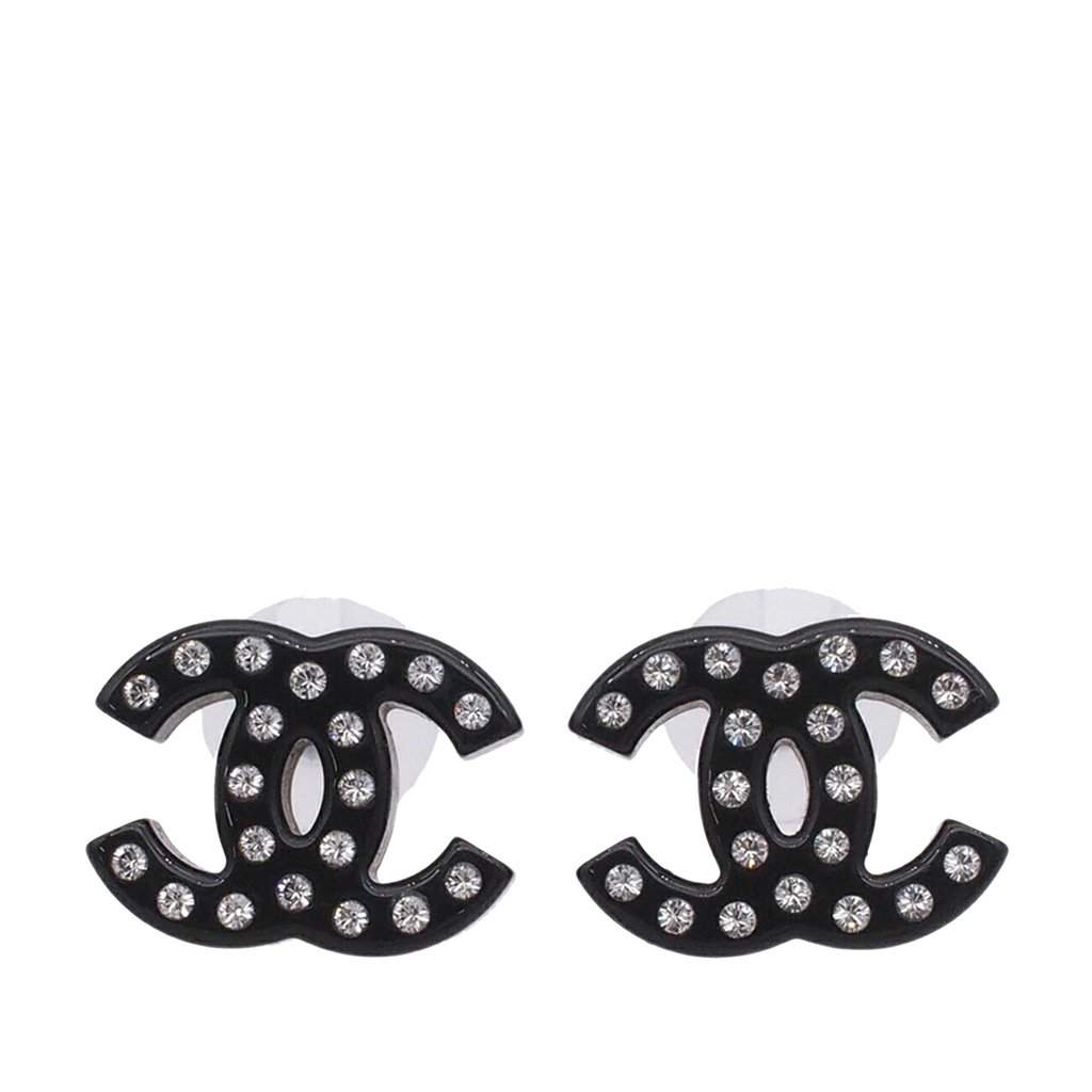 Chanel CC Resin and Strass Bullet Backs Earrings Black Plastic Very good condition - Front View