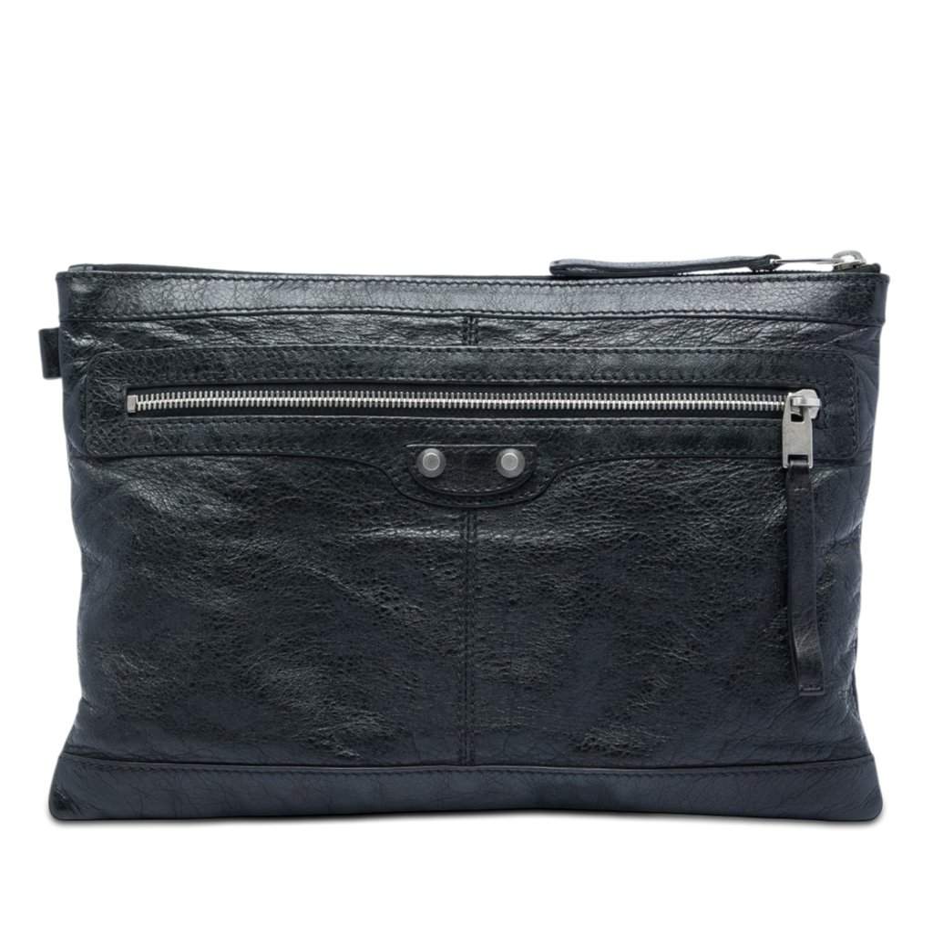 Balenciaga Lambskin Motocross Classic Clip M Clutch Black Leather Very good - Front View