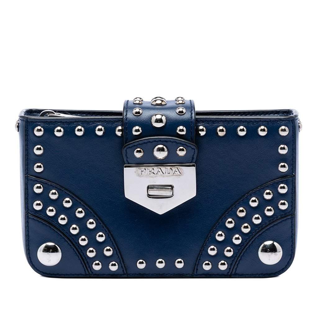 Prada City Calfskin Studded Elektra Turn Lock Clutch Blue Leather Very good - Front View