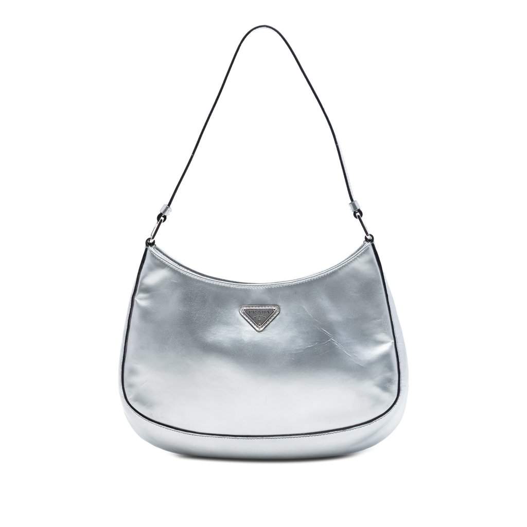 Prada Spazzolato Cleo Shoulder Bag Silver Leather Very good condition - Front View