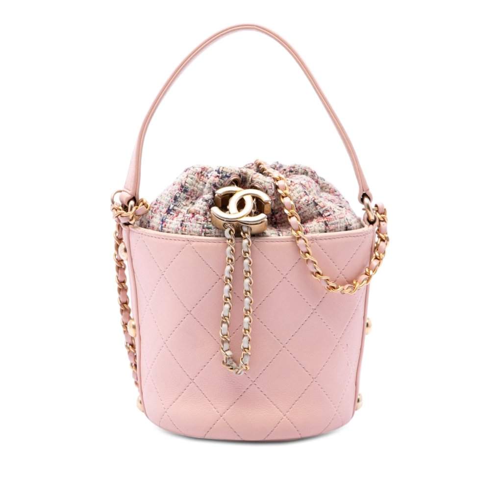Chanel Small CC Calfskin and Tweed Drawstring Bucket Bag Pink Leather Very good condition - Front View