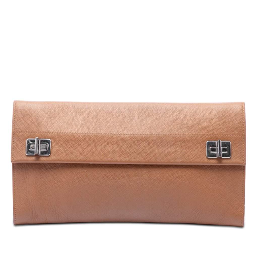 Prada Saffiano Flap Clutch Brown Leather Very good condition - Front View