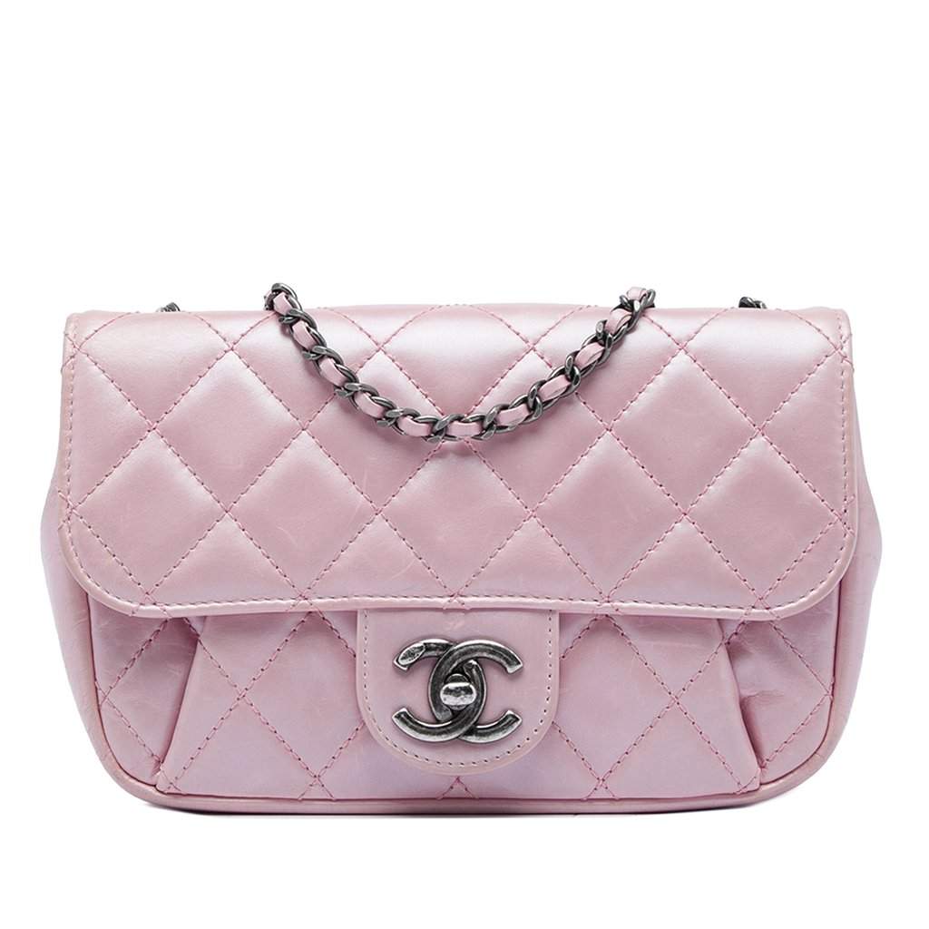 Chanel Mini Quilted Metallic Calfskin Coco Pleats Chain Flap Pink Leather Very good condition - Front View