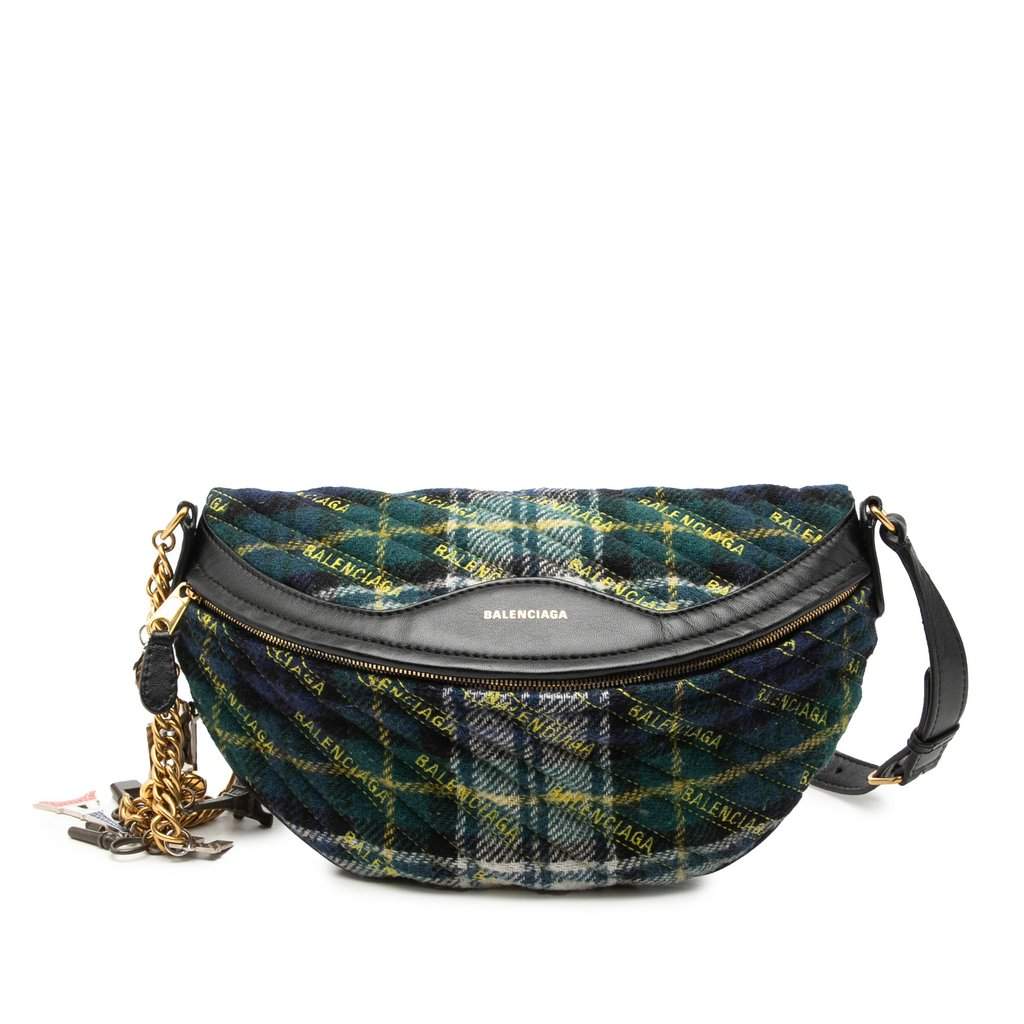 Balenciaga Diagonal Quilted Wool Allover Logo Souvenir Belt Bag XS Green Very good - Front View
