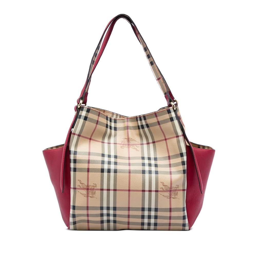 Burberry Small Leather Trimmed Haymarket Check Coated Canvas Canterbury Tote Beige Very good - Front View