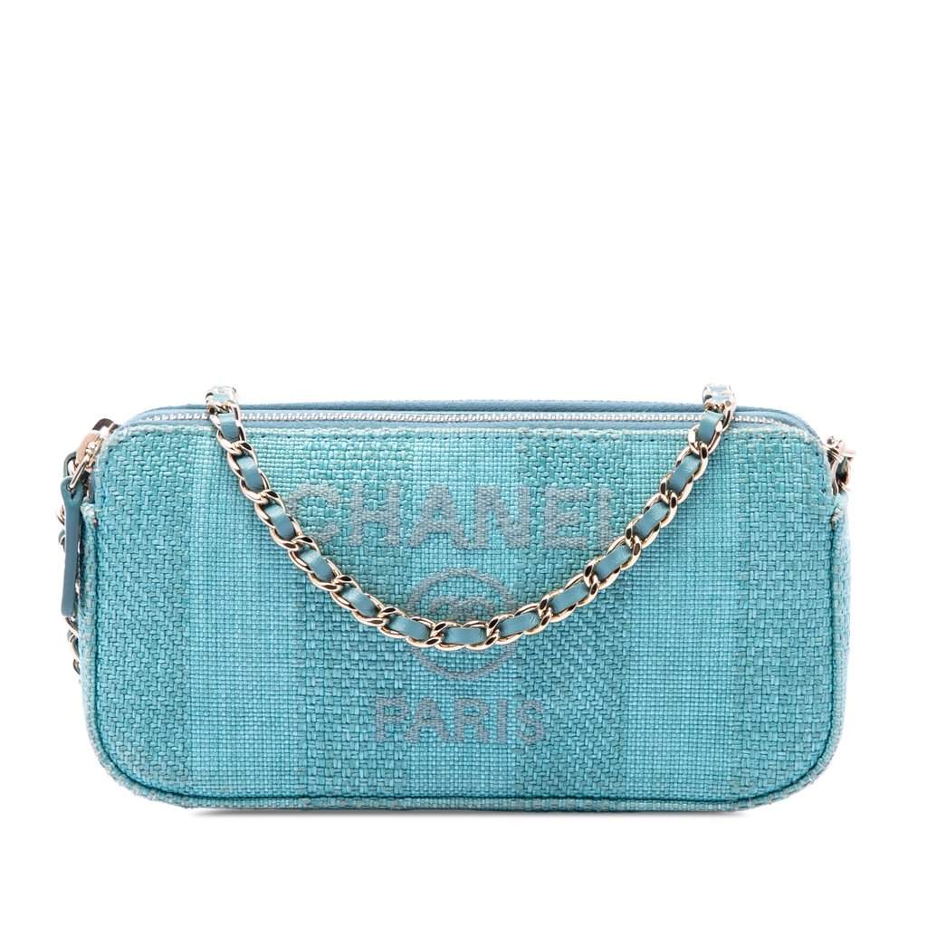 Chanel Raffia Deauville Double Zip Clutch with Chain Blue Very good condition - Front View