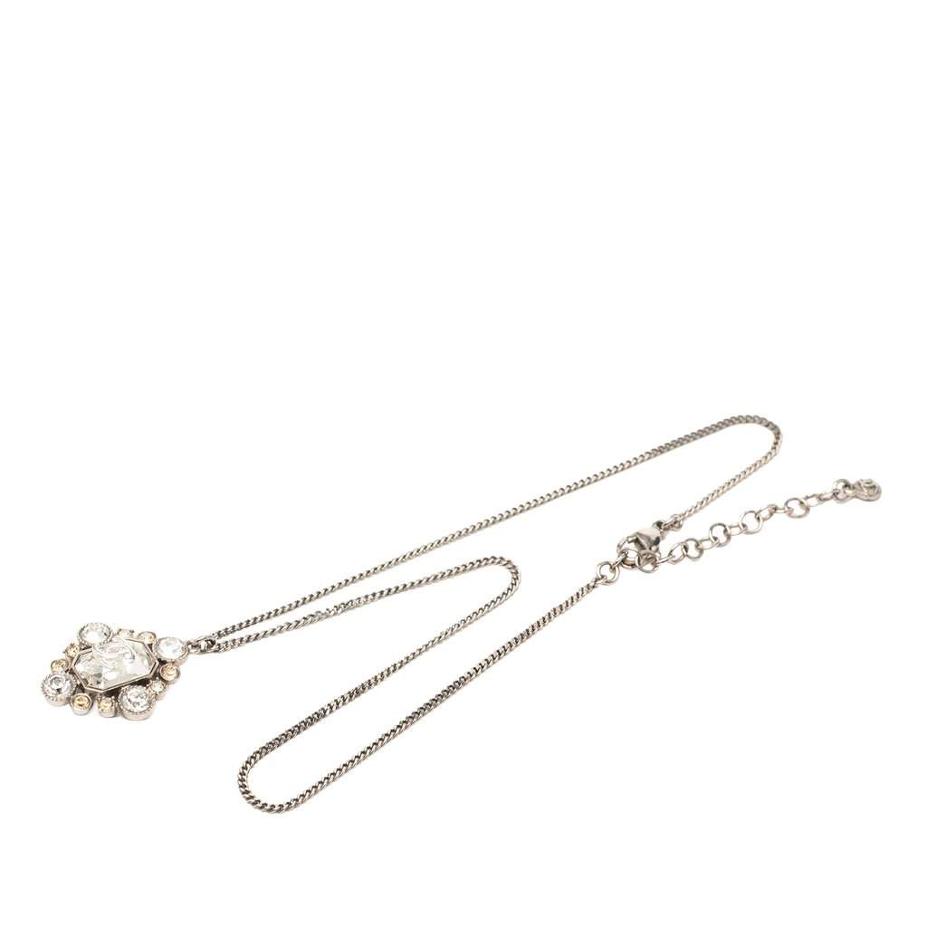 Chanel CC Brass Strass Pendant Necklace Silver Metal Very good condition - Front View