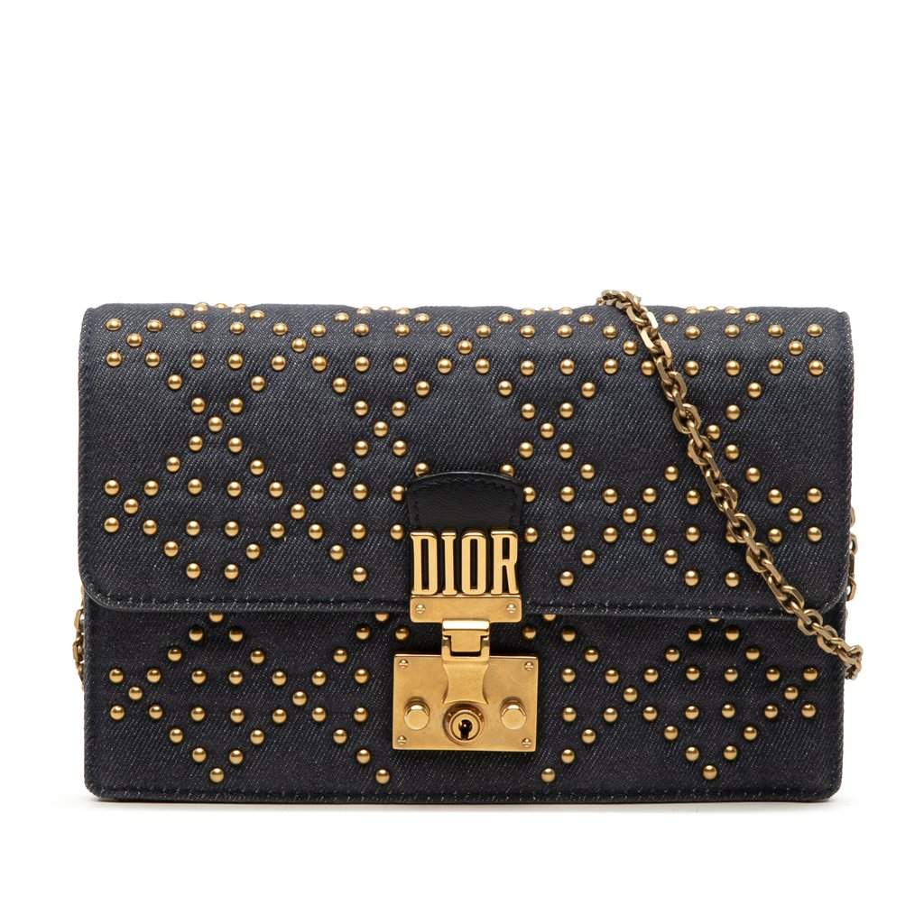 Dior Denim Cannage Studded DiorAddict Wallet on Chain Blue Very good condition - Front View