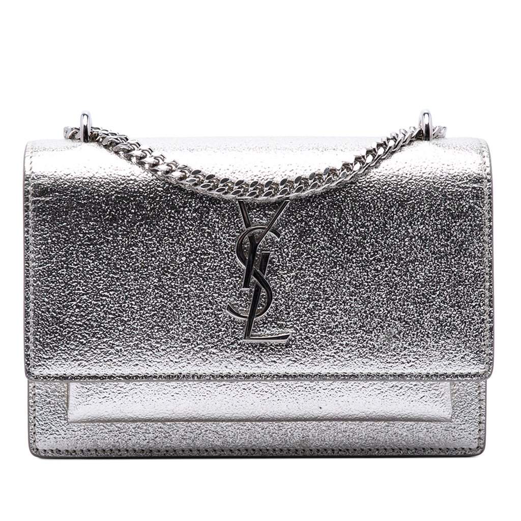 Saint Laurent Mini Metallic Calfskin Monogram Sunset Wallet on Chain Silver Leather Very good condition - Front View
