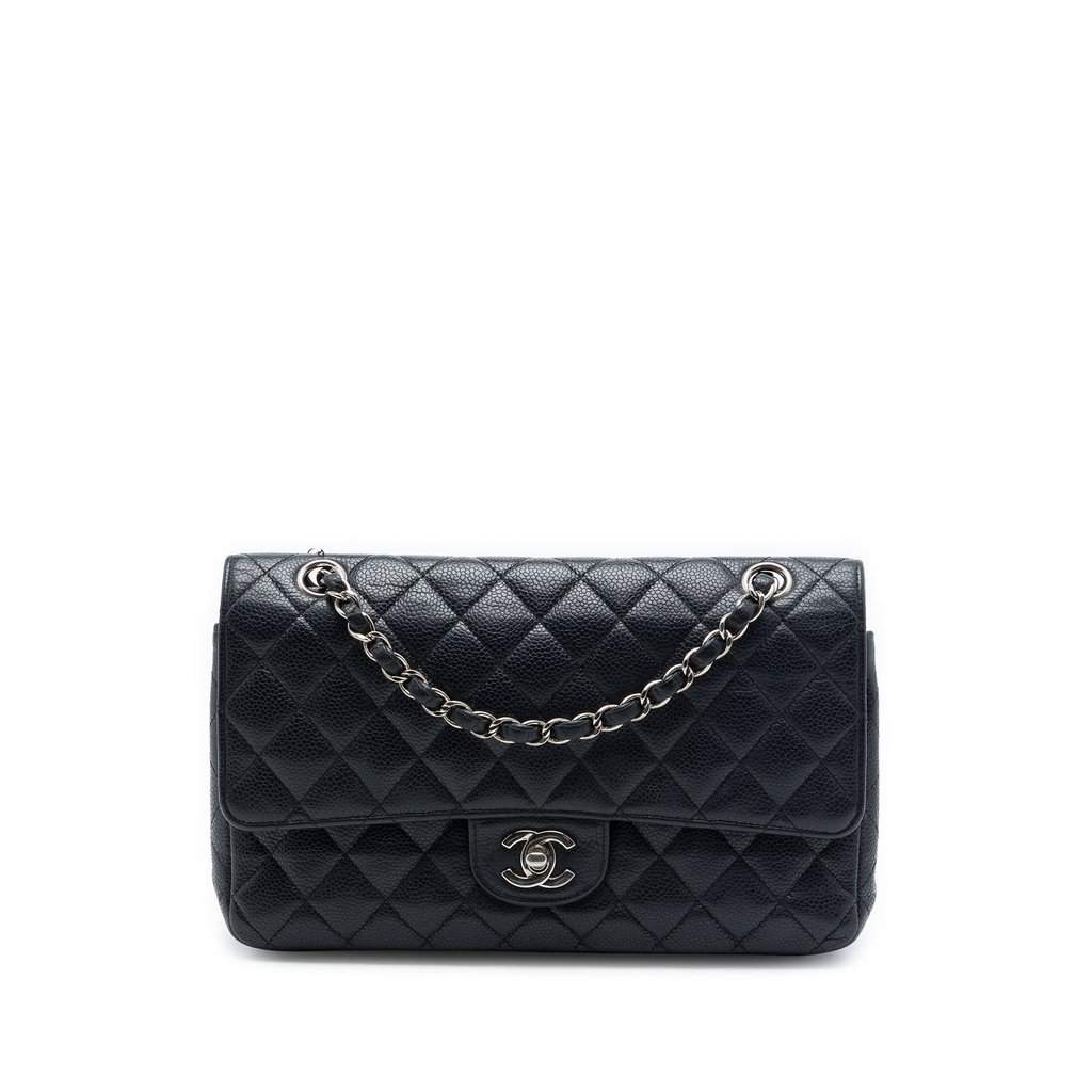 Chanel Medium Classic Caviar Double Flap Black Leather Good - Front View