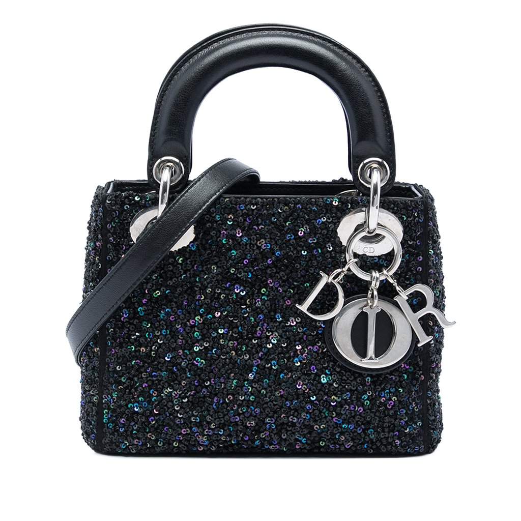Dior Mini Satin Sequin Embellished Lady Dior Black Very good condition - Front View