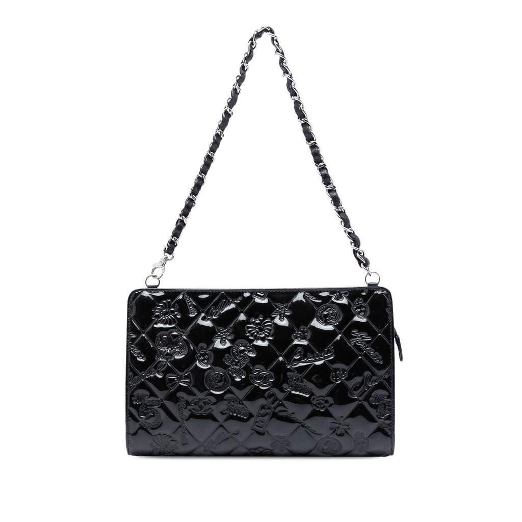 Chanel Quilted Patent Embossed Lucky Symbols Pochette Black Leather Very good condition - Front View